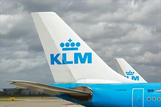 Airbus aircraft tails tail units of KLM Royal Dutch Airlines at the airport in Amsterdam