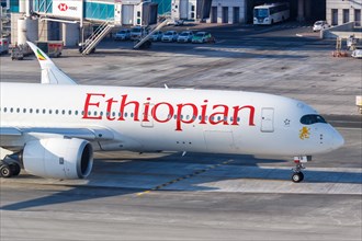 An Ethiopian Airlines Airbus A350-900 with registration number ET-AYB at Dubai Airport