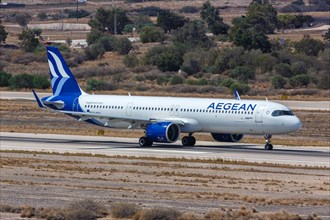 An Airbus A321neo aircraft of Aegean Airlines with registration SX-NAA at the airport in Santorini