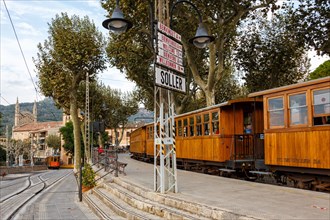 Historic train railway public transport in Majorca at the station in Soller