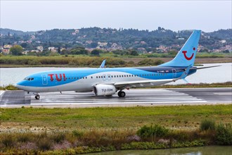 A TUI Boeing 737-800 with the registration G-TAWC at Corfu Airport