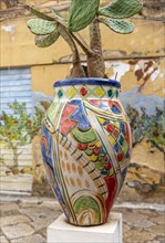 Colourful painted vase in the street of Kasbah Mazara del Vallo