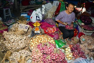 Woman selling onions and garlic at a market