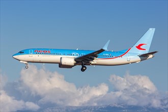 A Neos Boeing 737 MAX 8 with registration EI-RZC lands at the airport in Palma de Majorca