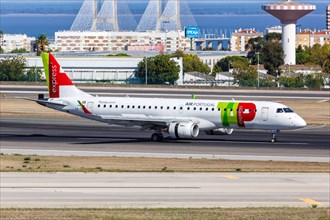 An Embraer 190 aircraft of TAP Portugal Express with the registration CS-TPR at the airport in Lisbon