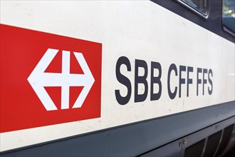 SBB Swiss Federal Railways logo sign on a train at Basel station
