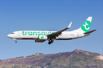 A Transavia Boeing 737-800 with the registration PH-HXK at the airport in Zakynthos