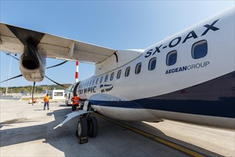 An Olympic Air ATR 42-600 aircraft with registration SX-OAX at the airport in Zakynthos