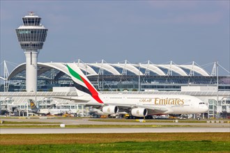 An Emirates Airbus A380-800 aircraft with registration A6-EUI at the airport in Munich