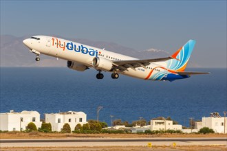 A FlyDubai Boeing 737 MAX 9 aircraft with registration A6-FNB at Santorini airport