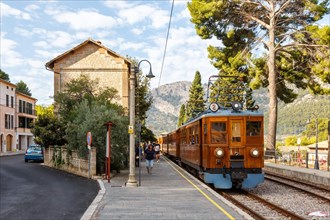 Historic train Tren de Soller railway public transport transport in Majorca at Bunyola station