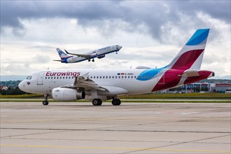 A Eurowings Airbus A319 with the registration D-AGWJ at the airport in Stuttgart