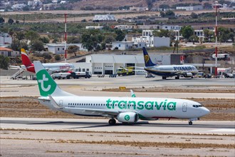 A Transavia France Boeing 737-800 aircraft with registration F-HTVT at Santorini airport