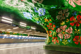 Artfully designed metro tunnelbana underground station stop Alby in Stockholm