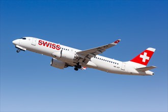 A Swiss Airbus A220-300 aircraft with registration HB-JCF at the airport in Santorini
