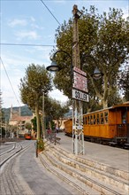 Historic train railway public transport in Majorca at the station in Soller