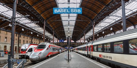 Basel SBB train station with trains panorama in Basel