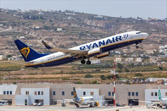 A Ryanair Boeing 737-800 aircraft with registration EI-ENT at Santorini airport