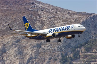 A Ryanair Boeing 737-800 aircraft with registration number 9H-QCG at Santorini airport