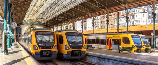 Trains Railway Panorama at Porto Sao Bento Station in Portugal in Porto