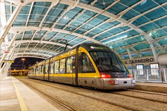 Modern light rail Metro do Porto tram public transport transport transport at the stop airport in Porto