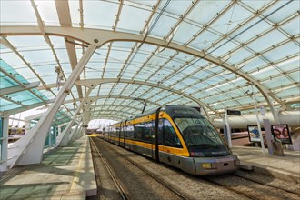 Modern light rail Metro do Porto tram public transport transport transport at the stop airport in Porto