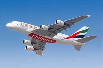 An Emirates Airbus A380-800 with registration A6-EVC takes off from Dubai Airport