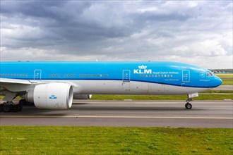 A KLM Royal Dutch Airlines Boeing 777-300ER aircraft with registration PH-BVP at the airport in Amsterdam