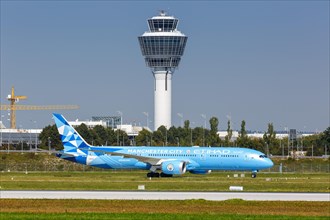 An Etihad Boeing 787-9 Dreamliner aircraft with registration A6-BND and Manchester City special livery at Munich Airport