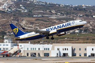 A Ryanair Boeing 737-800 aircraft with registration number 9H-QDZ at Santorini airport