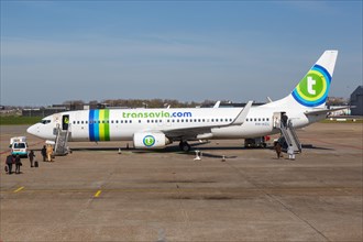 A Transavia Boeing 737-800 with the registration PH-HZL at the airport in Rotterdam