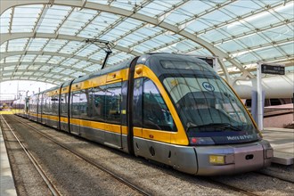 Modern light rail Metro do Porto tram public transport transport transport at the stop airport in Porto