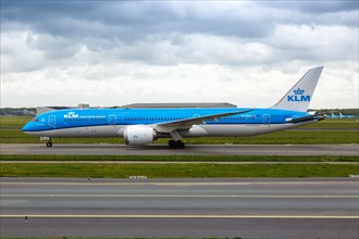 A KLM Royal Dutch Airlines Boeing 787-9 Dreamliner aircraft with registration PH-BHA at the airport in Amsterdam