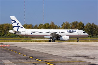 An Airbus A320 aircraft of Aegean Airlines with registration SX-DVM at the airport in Corfu