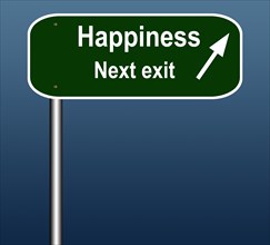 Illustration of a green sign with happiness next exit