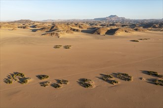 Sandy desert plains and bare mountain ranges