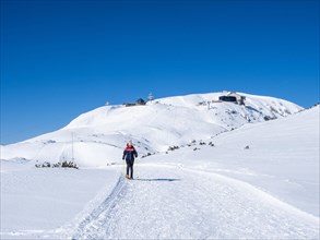 Blue sky above snowshoe hiker in winter landscape