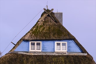 Half-timbered gable of a thatched house at Duemmer