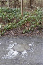 Water pouring out of a manhole cover