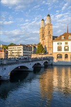 Muensterbruecke and Grossmuenster with Helmhaus and Wasserkirche in the evening light