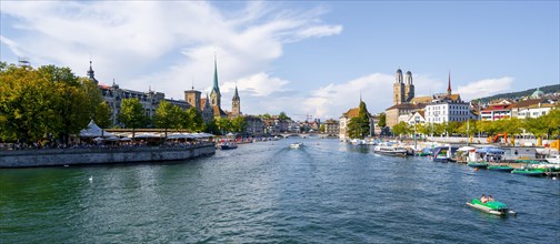 View from the Quai Bridge over the Limmat to the towers of Zurich's Old Town