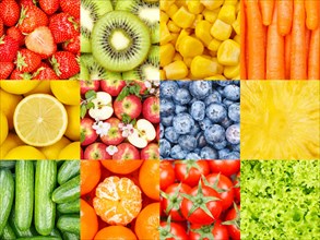 Fruits Fruit and Vegetable Collage Collection Background with Berries Apples and Carrots