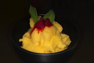 Mango sorbet with raspberries and fresh mint