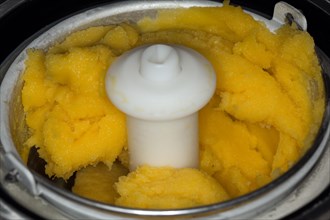 Frozen mango sorbet in an ice cream machine