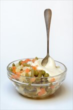 Ingredients for Russian salad and spoon with mayonnaise
