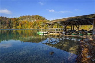 Lake Alpsee with boathouse in autumn