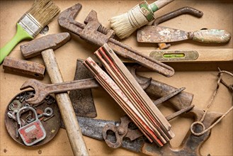 Old rusty tools like hammer