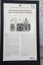 Tourist information sign on 17th century church of San Nicola dei Lorenesi