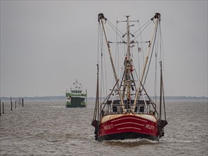 Crab cutter with ferry Spiekeroog IVon the stormy North Sea entering the harbour