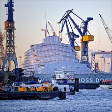 Dry dock Elbe 17 by Blohm and Voss with cranes and shipping traffic on the Norderelbe